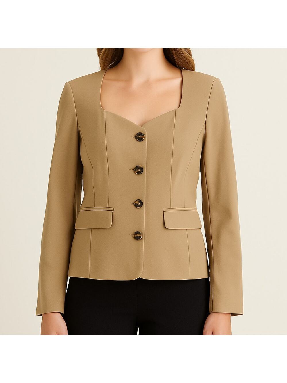 HEARTLOOM Sweetheart Neckline Blazer Button Front Jacket Long Sleeve Top Tan NWT